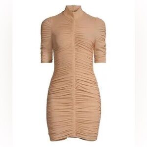 Black Halo Women's Meadow Mini Ruched Mesh Bodycon Honey Beige Dress SZ 4 NEW